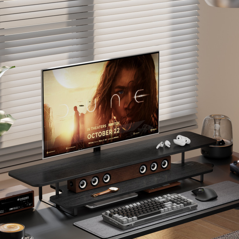 Desk Setup For Laptop And Monitor - Monitorständer in Walnuss-Optik Massivholz Schreibtisch-Organizer für