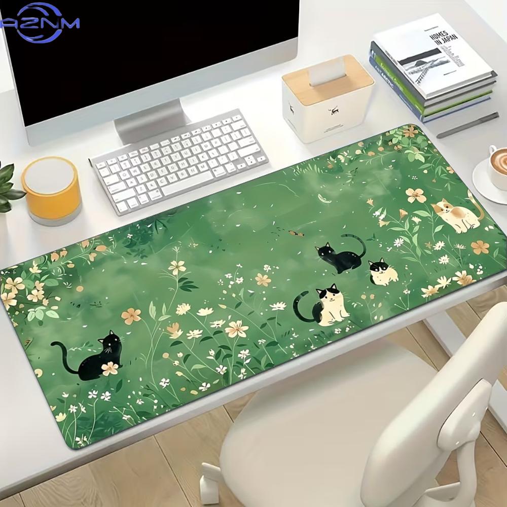 Desk Setup For Work - Florales, niedliches Katzen-Gaming-Mauspad, rutschfeste Gummi-Kantenverstärkung, erweiterte