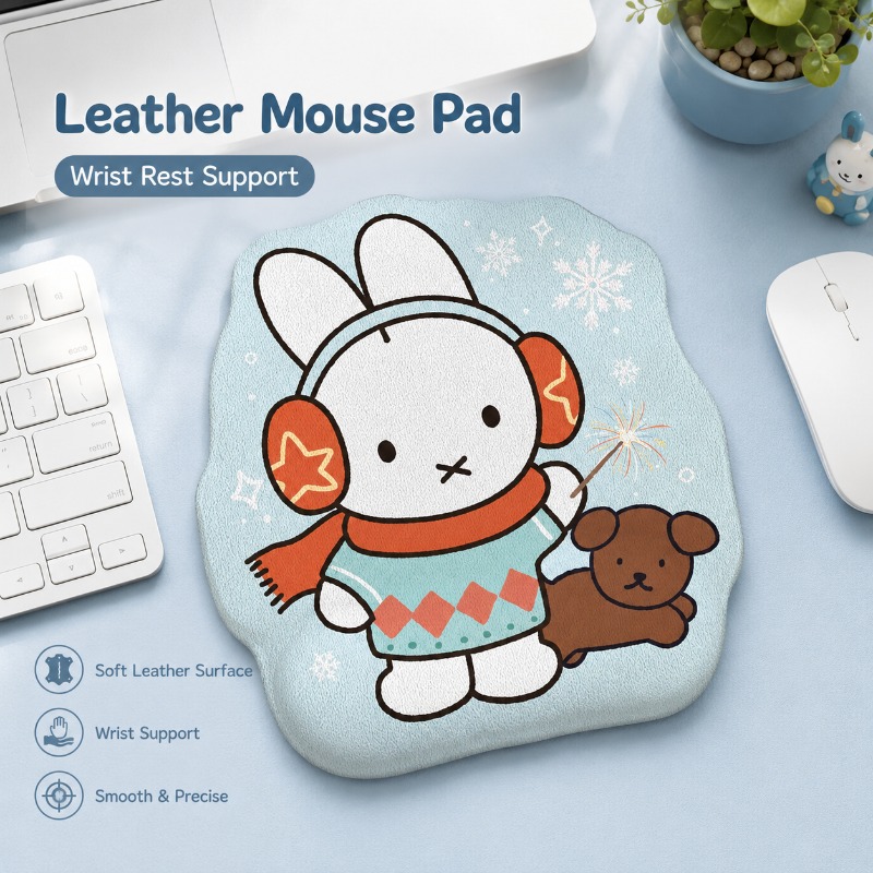 Desk Setup No Computer - Anime Miffy Leder-Mauspad mit Handgelenkauflage, Kleine