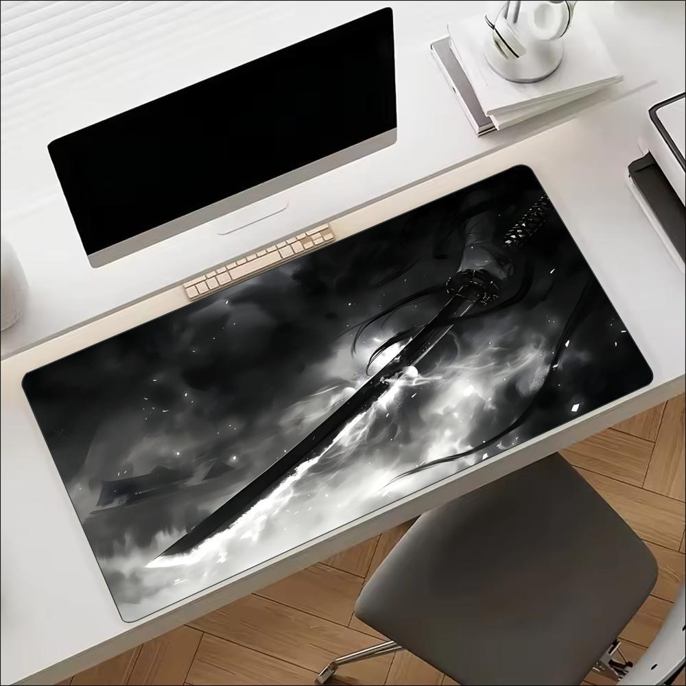 Desk Setup For Work - Schreibtischunterlage mit japanischem Samurai-Katana-Schwert-Druck, genähtem Rand,