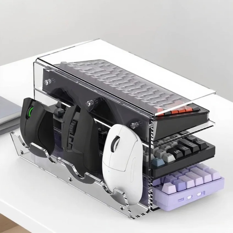 Desk Setup Gaming - Tastaturständer, 3-stufiges Acryl-Aufbewahrungsregal mit Maushalter, transparentes