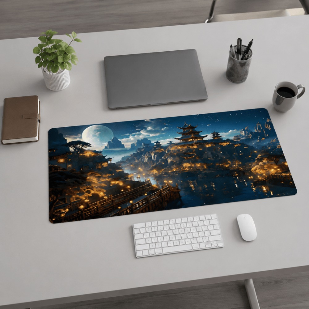 Desk Setup For Work - Original Fantasy-Nachtstadt-Mond-Print, längliche Tischmatte. Geeignet für