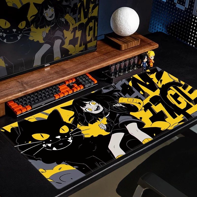 Desk Setup Gaming Pc - Anime Schwarze Katze Gaming-Mauspad Gelbes Manga-Mädchen