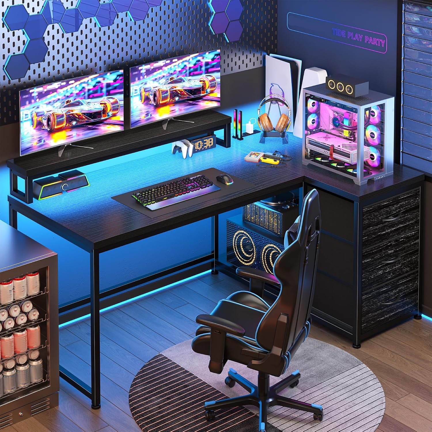 Desk Setup Gaming Pc - Gaming-Schreibtisch mit 3 Schubladen & 40-Modus-RGB-LED