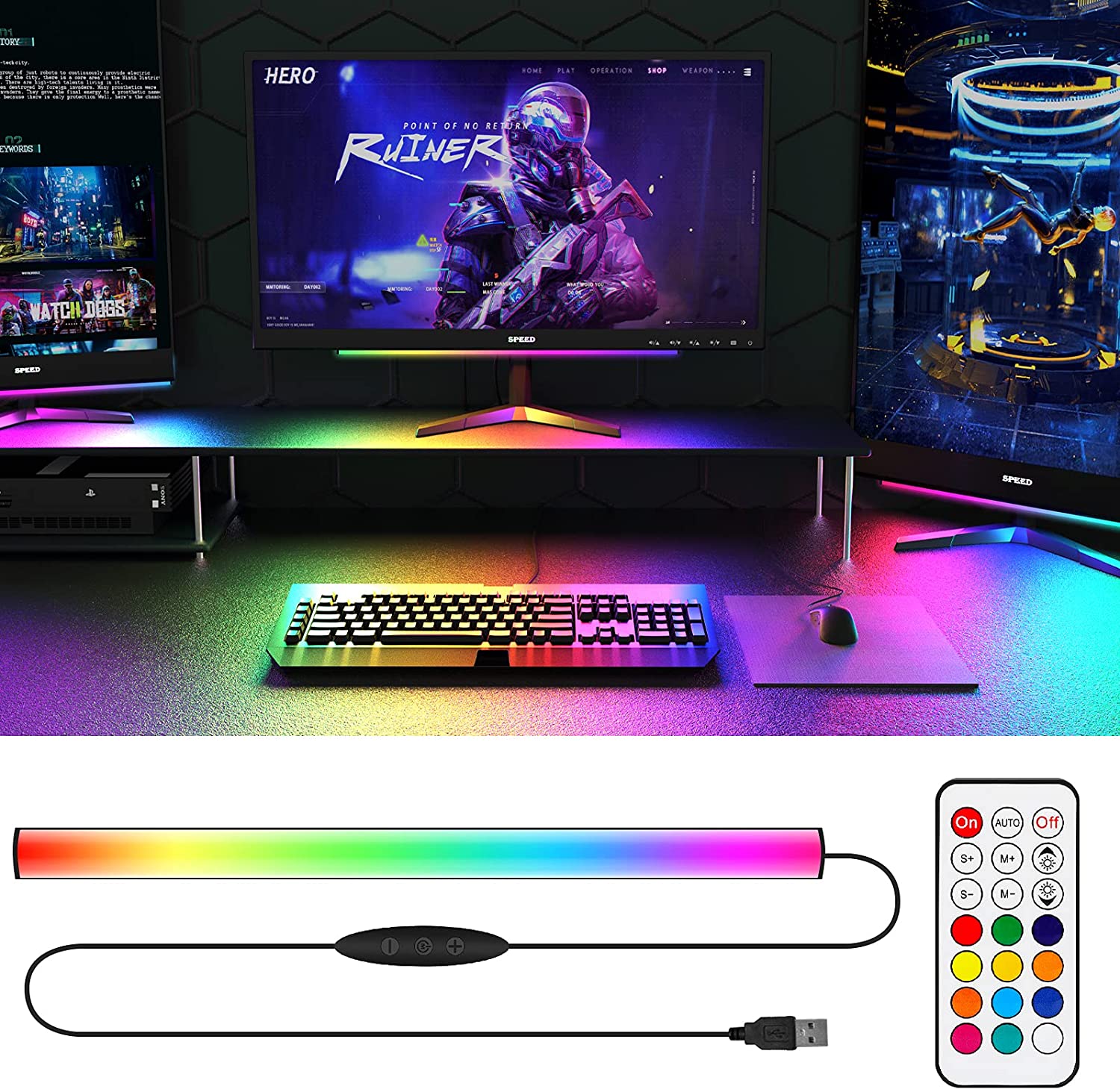 Desk Setup Gaming Pc - Unter Monitor Lichtleiste RGB Dreamcolor Ambient